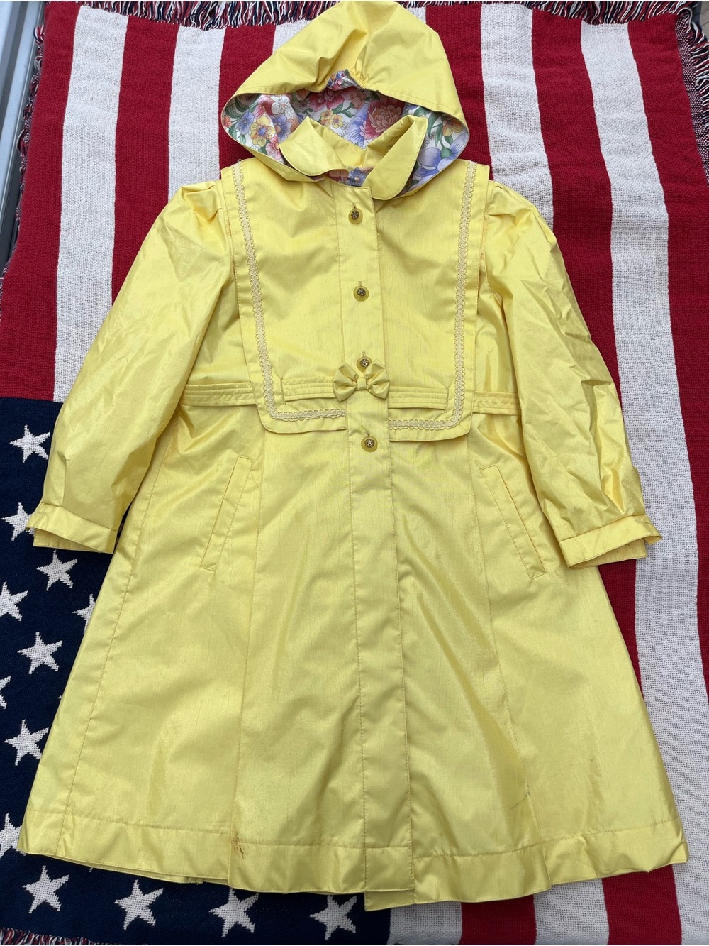 Vintage Rothschild Yellow Hooded Girls' Raincoat with Floral Lining Size 6X